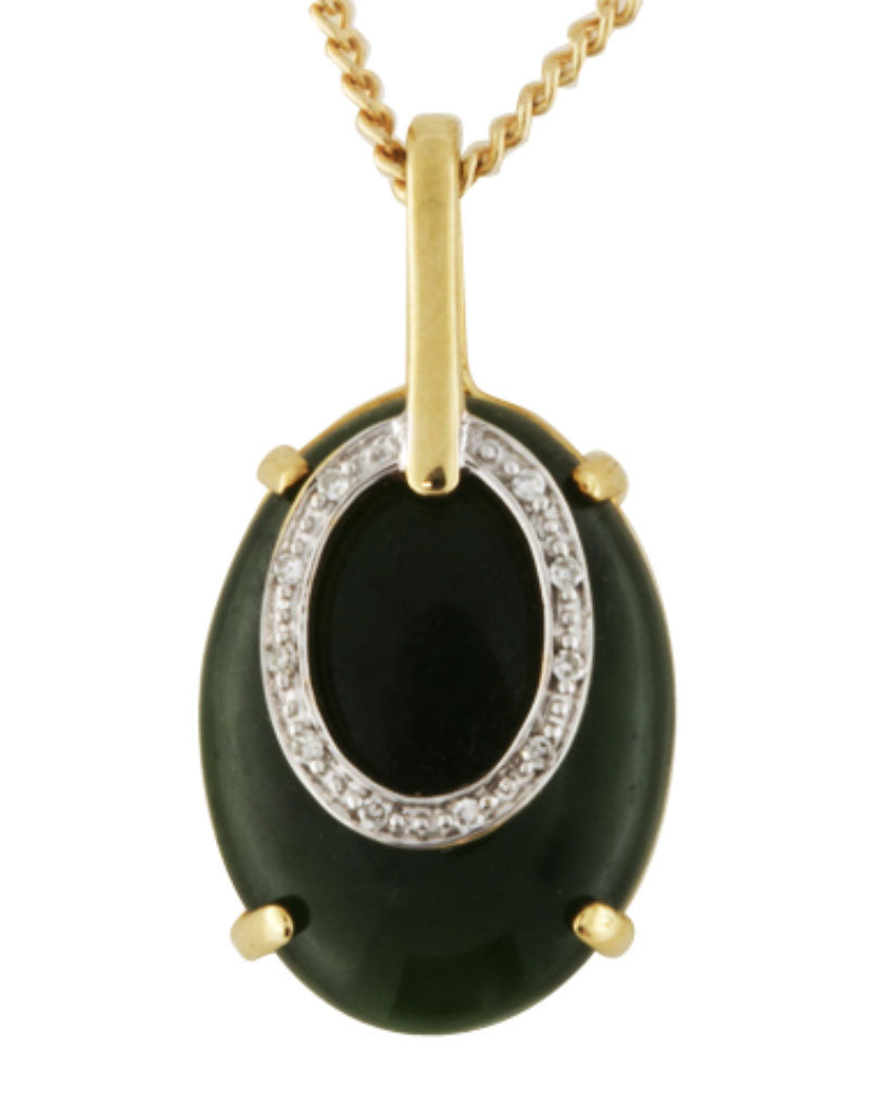 Oval Greenstone diamond pendant in 9K yellow gold